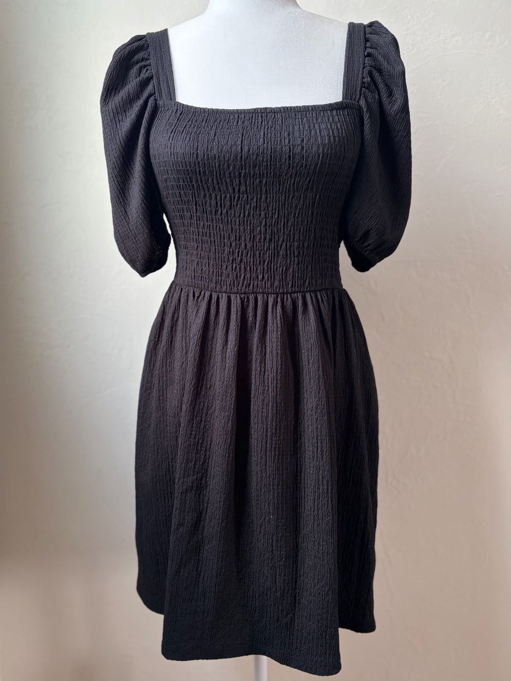 H&M Black Smocked Puff Sleeve Square Neck Mini Dress M